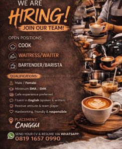 Lowongan Kerja Sebagai Cook, Waitress/Waiterdan Bartender/Barista untuk Froth & Bubble Penempatan di Canggu, Badung