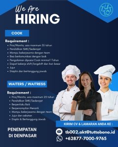 Lowongan Kerja Sebagai Cook dan Waiter/Waitress untuk TUTTO Penempatan di Denpasar
