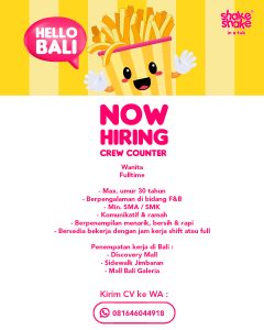 Lowongan Kerja Sebagai Crew Counter untuk Shake-Shake Penempatan di Badung
