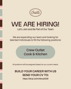 Lowongan Kerja Sebagai Crew Outlet, Cook & Kitchen untuk Orlena Cafe Penempatan di Jimbaran, Badung
