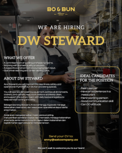 Lowongan Kerja Sebagai DW Steward untuk Bo & Bun Penempatan di Badung