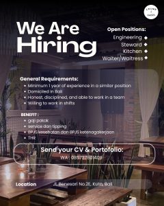 Lowongan Kerja Sebagai Engineering, Steward,Kitchen dan Waiter/Waitress untuk Crumb and Coaster Penempatan di Kuta, Badung