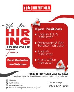 Lowongan Kerja Sebagai English IELTS Instructor, Restaurant & Bar Service Instructor, English Instructor, Front Office Instructor untuk H.I International Penempatan di Pemogan, Denpasar