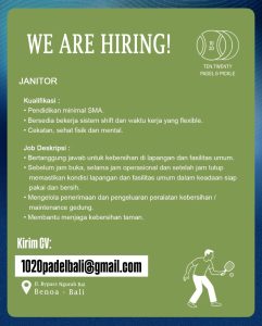 Lowongan Kerja Sebagai Front Desk Crew dan Janitor untuk Ten Twenty Padel Penempatan di Benoa, Badung