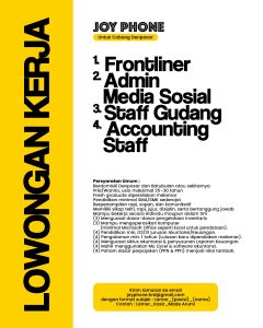 Lowongan Kerja Sebagai Frontliner, Admin Media Sosial, Staff Gudang, Accounting Staff, Dll untuk Joy Phone Penempatan di Denpasar

