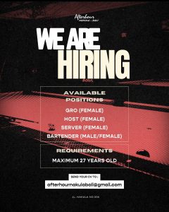 Lowongan Kerja Sebagai GRO, Host, Server, Bartender untuk Afterhour Bali Penempatan di Legian, Badung