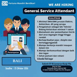 Lowongan Kerja Sebagai General Service Attendant untuk Fortuna Mandiri Berdikari Penempatan di Denpasar