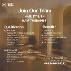 Lowongan Kerja Sebagai Hair Stylish, Hair Therapist untuk SENSIA Beauty Salon Penempatan di Panjer, Denpasar