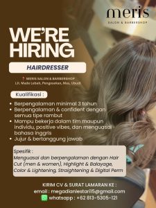 Lowongan Kerja Sebagai Hairdresser untuk MERIS Salon & Barbershop Penempatan di Ubud, Gianyar
