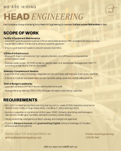 Lowongan Kerja Sebagai Head Engineering untuk Eat Company Penempatan di Bali
