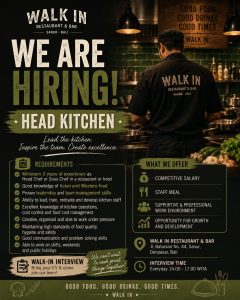 Lowongan Kerja Sebagai Head Kitchen untuk Restaurant & Bar Penempatan di Sanur, Denpasar