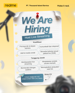 Lowongan Kerja Sebagai Host Live Streaming, Tiktok Live Opertaions Specialist  untuk PT. Thousand Island Service (Realme) Penempatan di Denpasar
