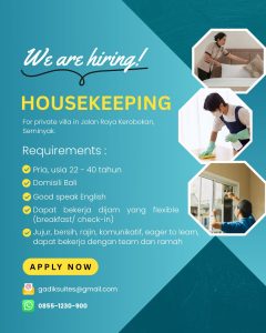 Lowongan Kerja Sebagai Housekeeping untuk Villa Penempatan di Kerobokan, Badung

