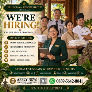 Lowongan Kerja Sebagai Human Resources Manager, Housekeeping Attendant, Linen Attendant, Dll untuk Ubud Raya Resort Group Penempatan di Ubud, Gianyar
