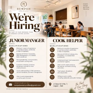 Lowongan Kerja Sebagai Junior Manager dan Cook Helper untuk REMPAH Coffee & Eatery Penempatan di Legian, Badung