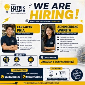 Lowongan Kerja Sebagai Karyawan (Pria) dan Admin Gudang (wanita) untuk Toko Listrik Utama Penempatan di Bali