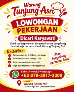 Lowongan Kerja Sebagai Karyawati untuk Warung Tunjung Asri Penempatan di Denpasar