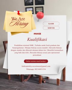Lowongan Kerja Sebagai Kasir dan Server untuk MUUSE Penempatan di Bali
