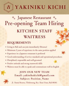 Lowongan Kerja Sebagai Kitchen Staff dan Waitress untuk YAKINIKU KICHI Penempatan di Tibubeneng, Badung