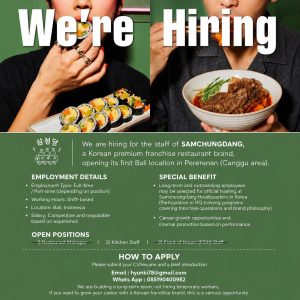 Lowongan Kerja Sebagai Kitchen Staff untuk SAMCHUNGDANG Penempatan di Badung