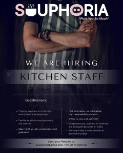 Lowongan Kerja Sebagai Kitchen Staff untuk Souphoria Penempatan di Umalas, Badung
