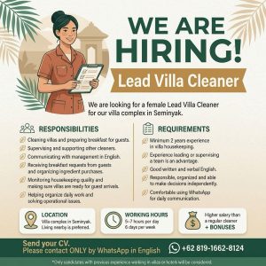 Lowongan Kerja Sebagai Lead Villa Cleaner untuk Penempatan di Seminyak, Badung