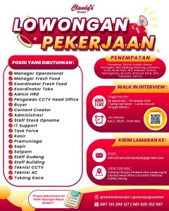 Lowongan Kerja Sebagai Manager Operasional, Manager Fresh Food, Koordinator Fresh Food, Koordinator Toko, Dll untuk Clandy's Grosir Penempatan di Bali