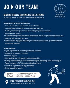 Lowongan Kerja Sebagai Marketing & Business Relations, Front Desk Crew dan Assistant Manager untuk Ten Twenty Padel & Pickle Penempatan di Nusa Dua, Badung
