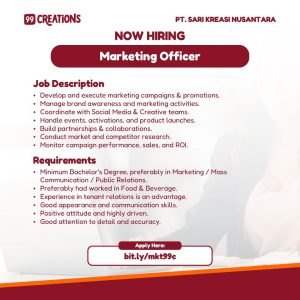 Lowongan Kerja Sebagai Marketing Officer untuk 99 Creations Penempatan di Denpasar