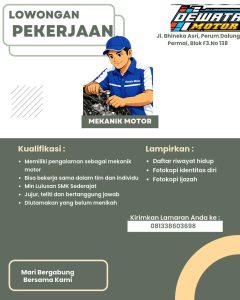 Lowongan Kerja Sebagai Mekanik Motor untuk Dewata Motor Penempatan di Dalung, Badung