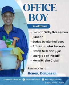 Lowongan Kerja Sebagai Office Boy untuk Big Tree Production Penempatan di Renon, Denpasar