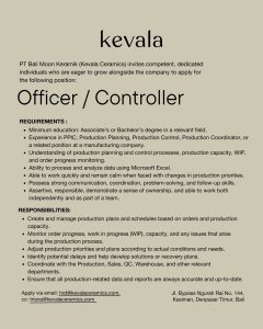Lowongan Kerja Sebagai Office / Controller, Drafter, Admin Quality Controll Finishgood, General Cashier untuk Kevala Penempatan di Denpasar