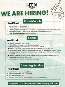 Lowongan Kerja Sebagai Padel Coach, Admin dan Cleaning Service untuk KIN Urban Ground Penempatan di Sanur, Denpasar