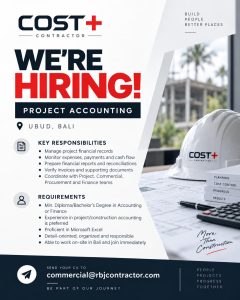 Lowongan Kerja Sebagai Project Accounting, Administrasi & Document Control untuk COST + CONTRACTOR Penempatan di Ubud, Gianyar
