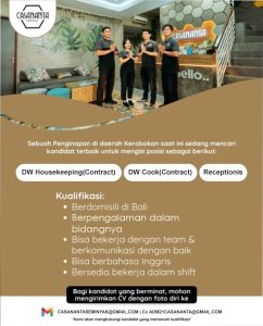 Lowongan Kerja Sebagai Receptionist, DW Cook, DW Housekeeping untuk Casananta Seminyak Penempatan di Badung