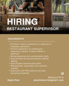 Lowongan Kerja Sebagai Restaurant Supervisor, Dumpling Maker, Server untuk Penempatan di Bali