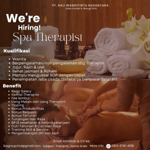 Lowongan Kerja Sebagai SPA Therapist untuk PT. Bali Wangitirta Nusantara Penempatan di Denpasar