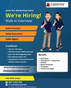 Lowongan Kerja Sebagai Sales Counter, Sales Executive dan Sales Agent untuk PT. Kharisma Sentosa Penempatan di Denpasar