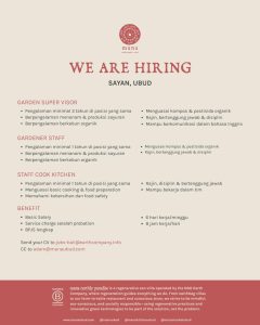 Lowongan Kerja Sebagai Senior Chef De Partie, Team Lead Service Area, Garden Spv, Gardener Staff, Staff Cook Kitchen untuk Mana Ubud Penempatan di Gianyar