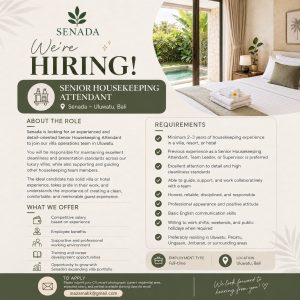Lowongan Kerja Sebagai Senior Housekeeping Attendant untuk SENADA Penempatan di Uluwatu, Badung