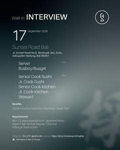 Lowongan Kerja Sebagai Server, Busboy/Busgirl, Senior Cook Sushi, Senior Cook Kitchen, Dll untuk Sushi Hiro Penempatan di Badung
