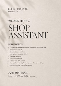 Lowongan Kerja Sebagai Shop Assistant untuk D-EVA CURATED Penempatan di Pererenan, Badung