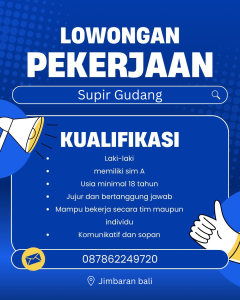 Lowongan Kerja Sebagai Sopir Gudang untuk CV. Krishna Dana Seafood Supplier Penempatan di Jimbaran, Badung