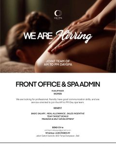 Lowongan Kerja Sebagai Spa Therapist, Front Office, Admin Staff untuk AM to PM Day Spa Penempatan di Denpasar