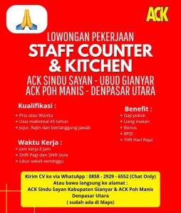 Lowongan Kerja Sebagai Staff Counter & Kitchen untuk ACK Penempatan di Bali