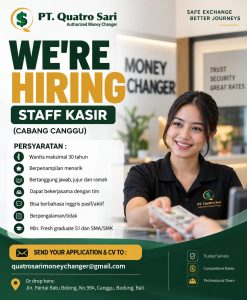 Lowongan Kerja Sebagai Staff Kasir untuk PT. Quatro Sari Penempatan di Canggu, Badung