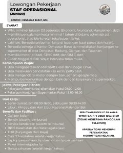 Lowongan Kerja Sebagai Staff Operasional untuk SIBERIAN KIWI Penempatan di Denpasar