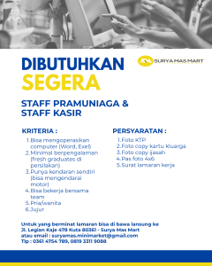 Lowongan Kerja Sebagai Staff Pramuniaga dan Staff Kasir untuk Surya Mart Penempatan di Legian, Badung