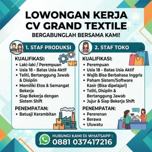 Lowongan Kerja Sebagai Staff Produksi dan Staff Toko untuk CV. Grand Textile Penempatan di Bali