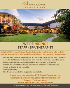 Lowongan Kerja Sebagai Staff Spa Therapist, Training, Internship untuk Alindra Villas and Spa Penempatan di Badung
